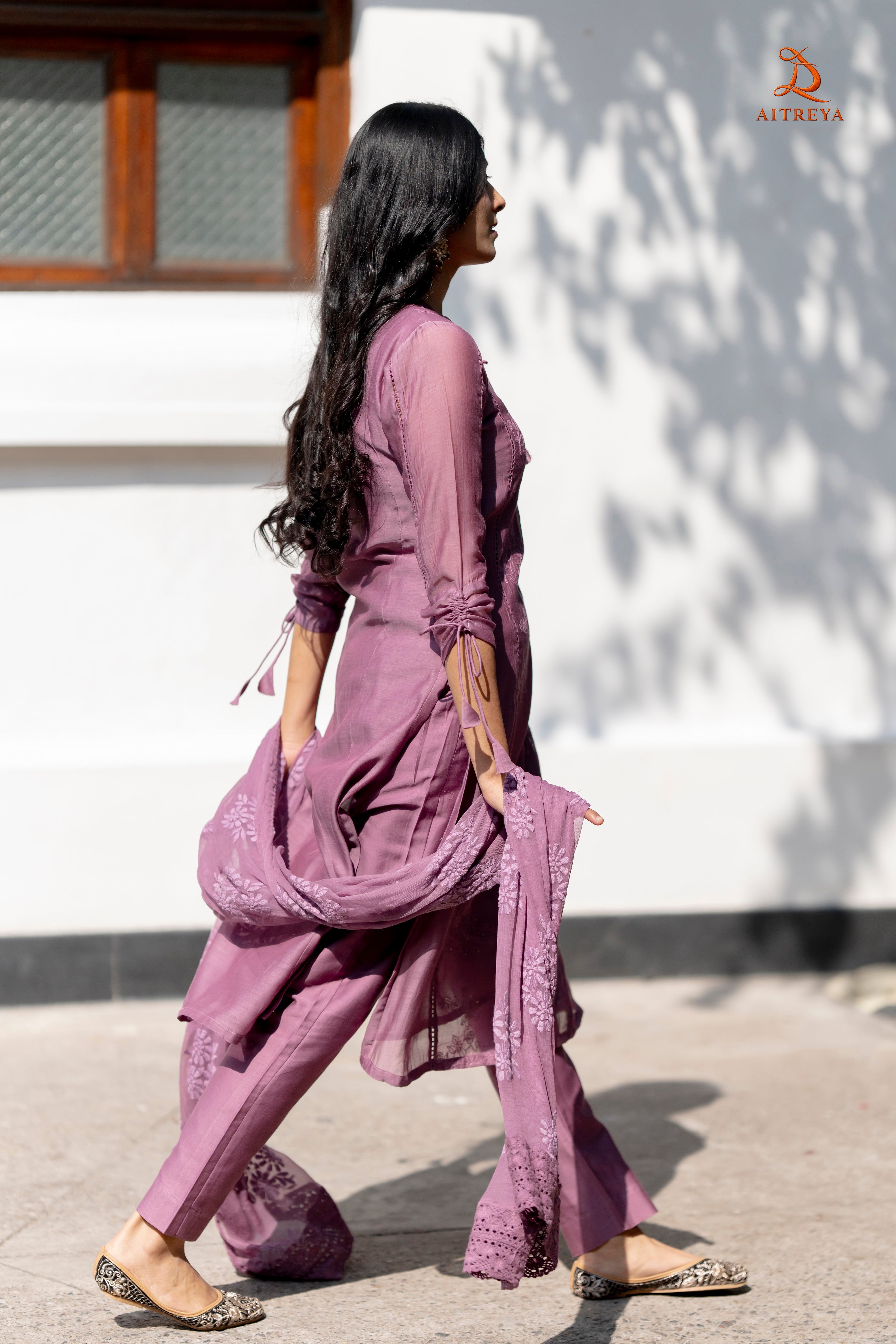 Mauve Mul-Chanderi Embroidered Kurta Set