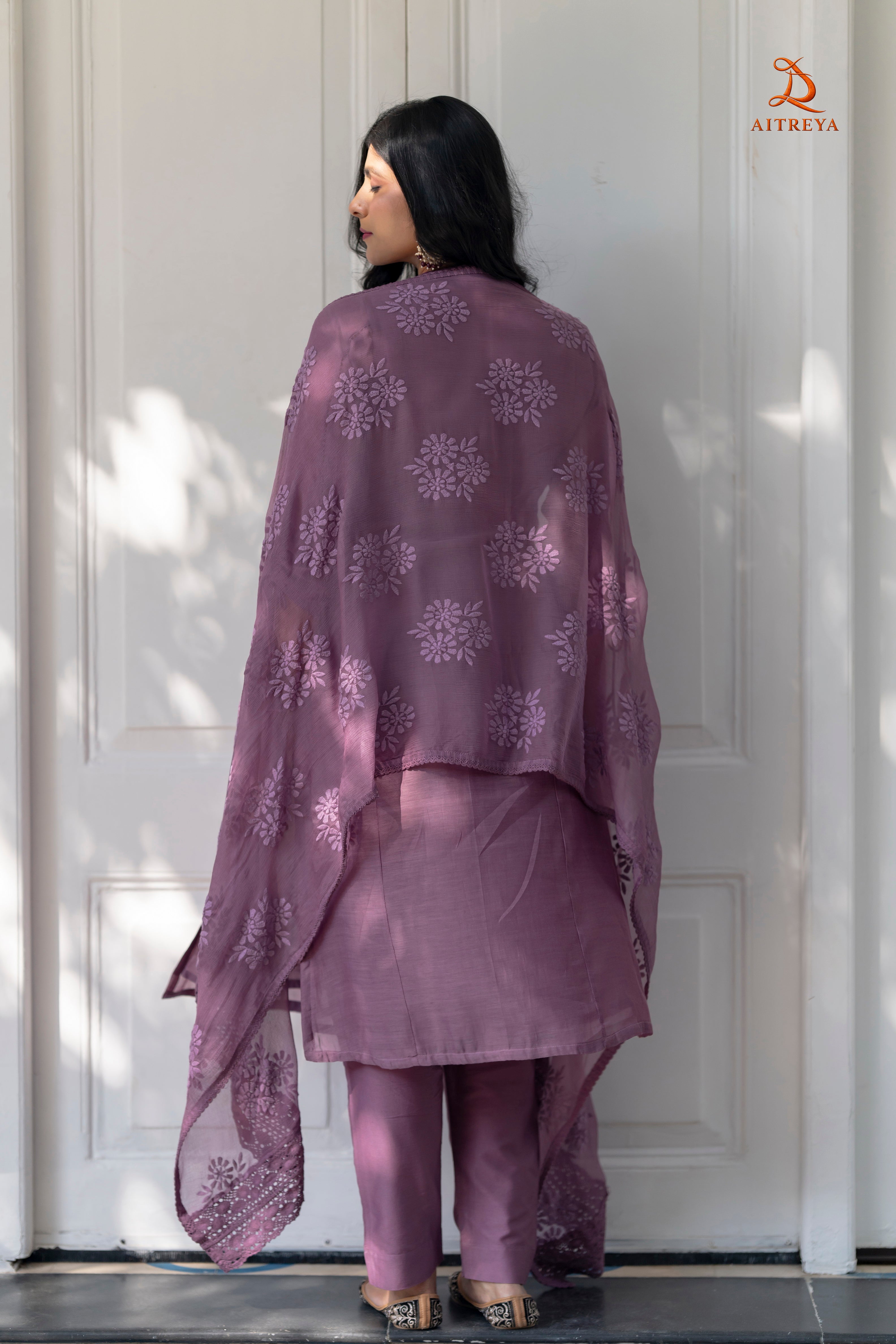 Mauve Mul-Chanderi Embroidered Kurta Set