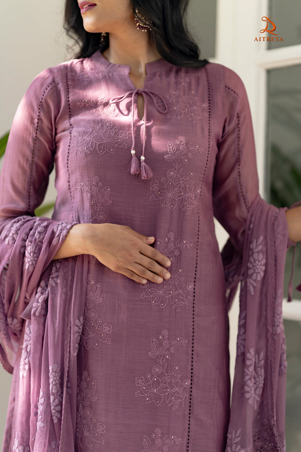 Mauve Mul-Chanderi Embroidered Kurta Set