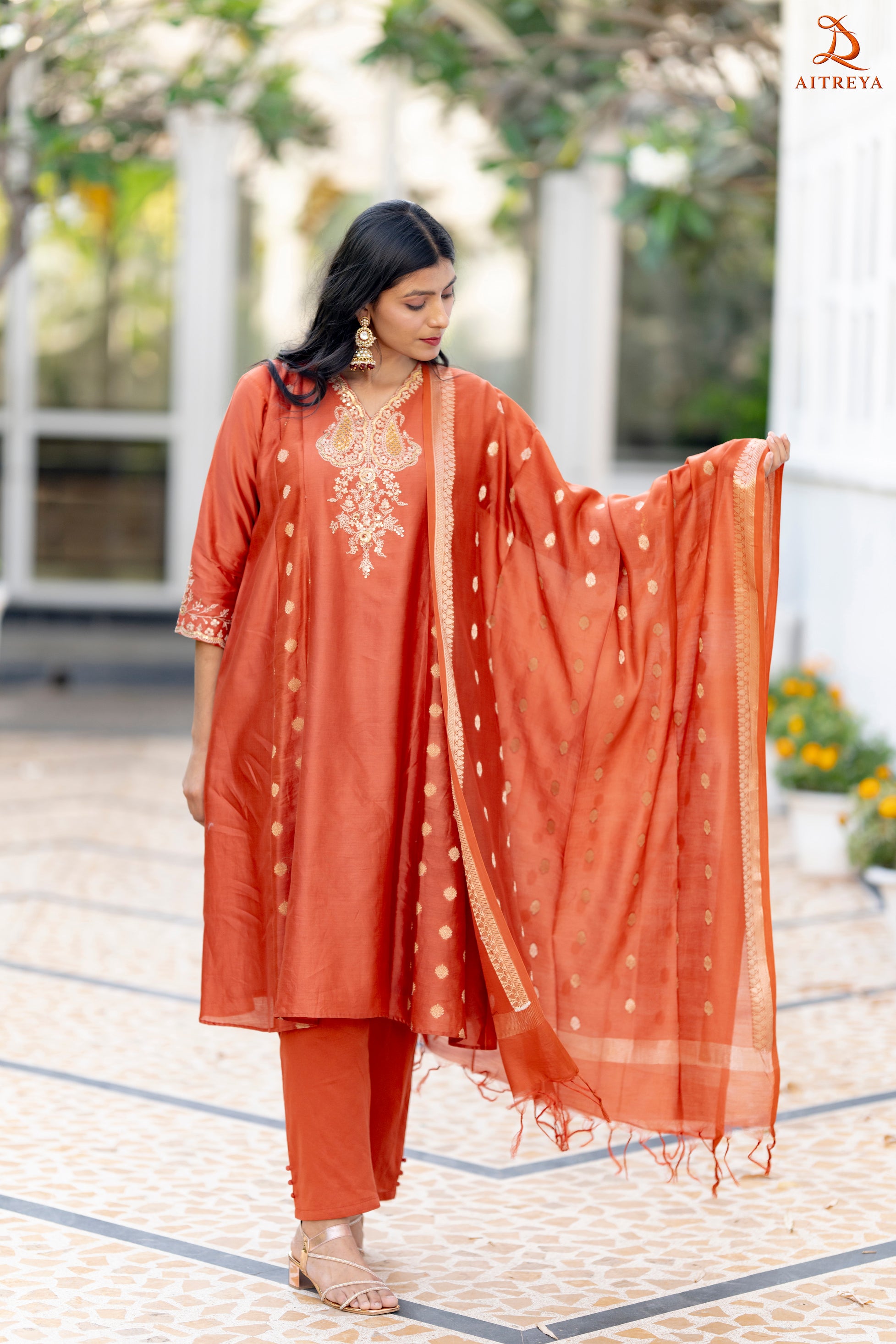 Burnt Orange Banarasi Mul Chanderi Anarkali Suit